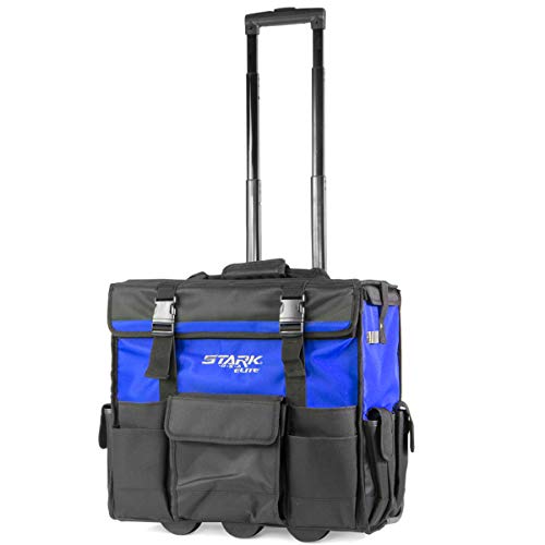 Stark 20' Rolling Wide Mouth Tool Bag Tote Telescoping Handle Tool Organizer Heavy Duty with Wheel and Divider, Blue